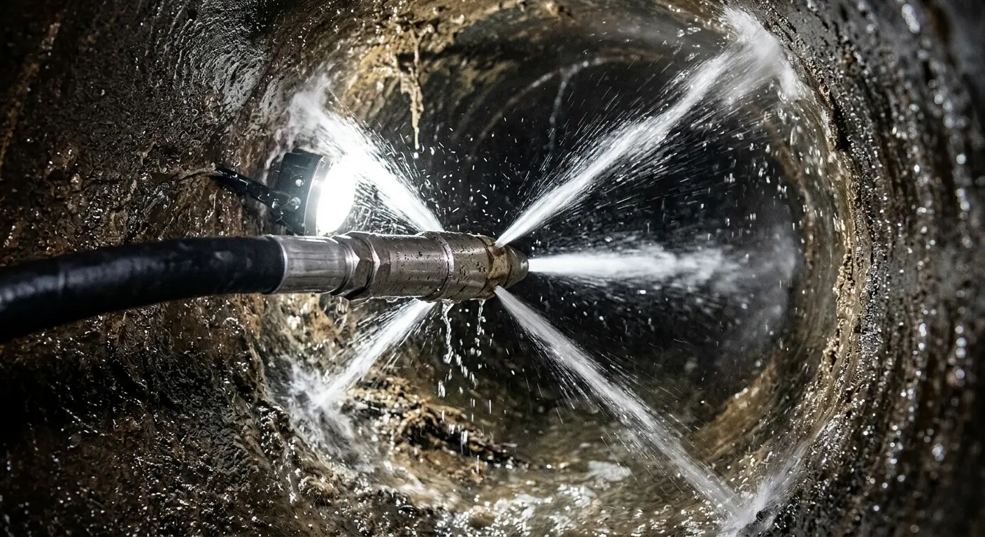 High-pressure hydro jetting nozzle cleaning sewer pipe for Trenchless Sewer Repair in Shady Hollow