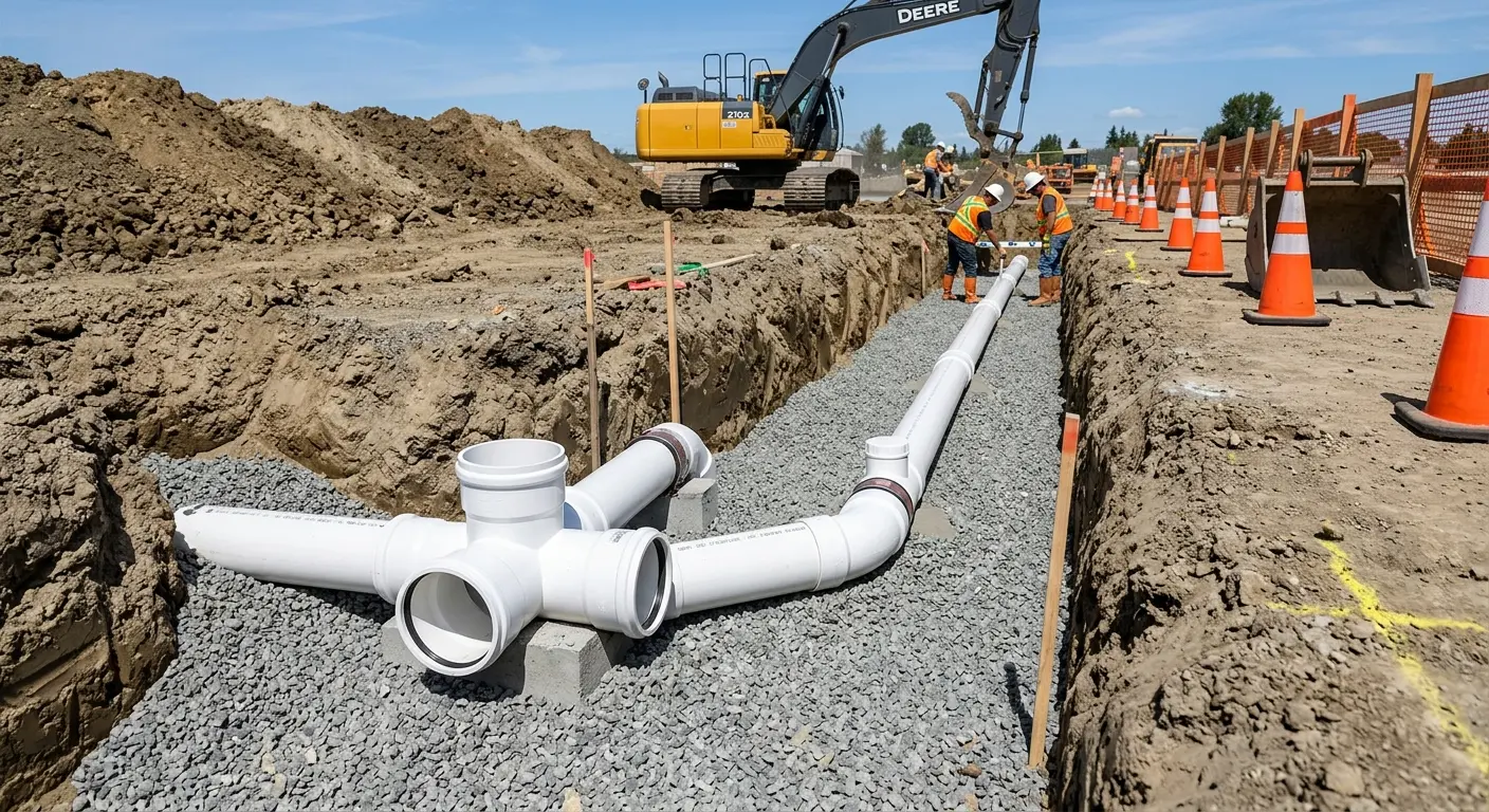 New PVC sewer pipe installation in open trench for Commercial Drain Cleaning in Shady Hollow