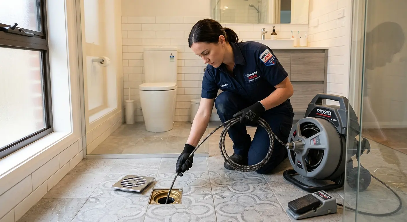 Technician clearing a bathroom floor drain for Drain Cleaning in Shady Hollow